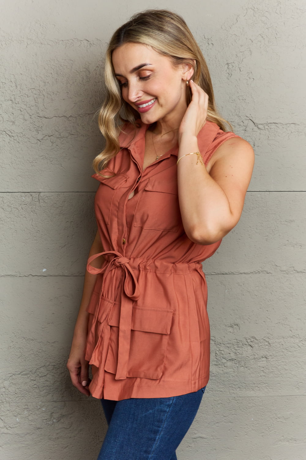Collared Button Down Top in Brick Red