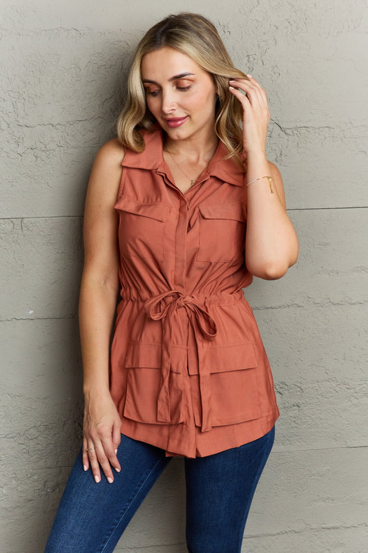 Collared Button Down Top in Brick Red